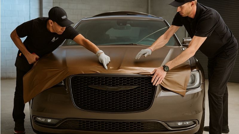 Two professionals installing wrap carefully