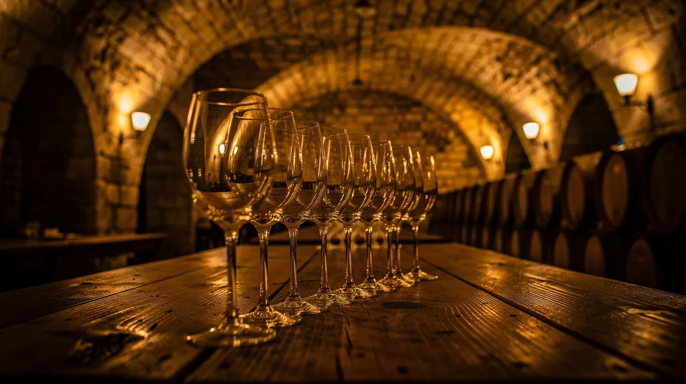 Des verres de vin soigneusement alignés sur une table en bois dans une cave voûtée parisienne, créant une atmosphère chaleureuse idéale pour des dégustations de vin. Ce lieu évoque l'histoire et la passion de la viticulture à Paris, invitant les amateurs à explorer les arômes et les saveurs des vins français.