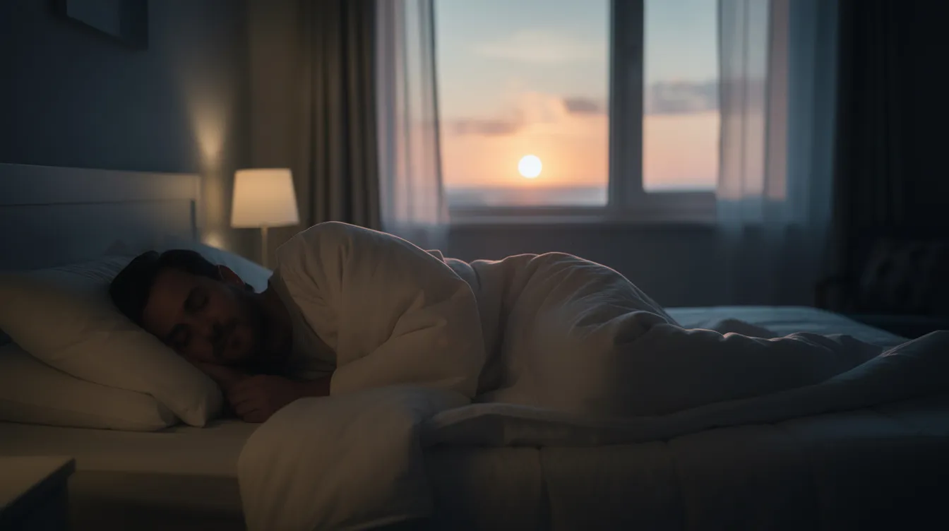A man is sleeping peacefully in a dark bedroom, with soft sunlight streaming through the window, signaling the arrival of dawn. This serene scene emphasizes the importance of sleep hygiene for overall health, which can support higher testosterone levels and enhance energy levels throughout the day.