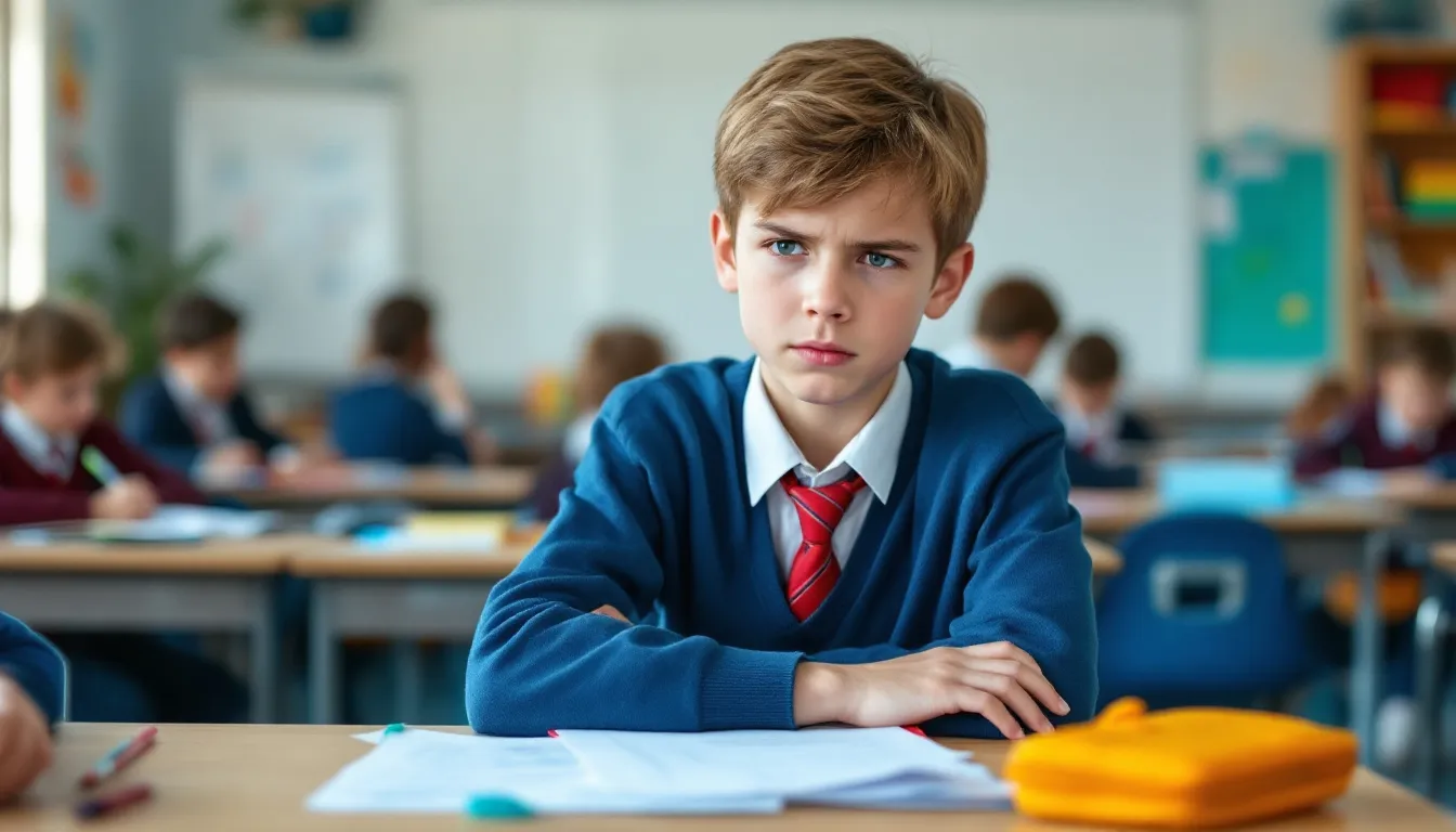 Das Bild zeigt ein Kind, das Schwierigkeiten beim Lernen hat. Es sitzt an einem Tisch in einer Schule und schaut nachdenklich auf ein Arbeitsblatt, während es Unterstützung von einer Lehrkraft erhält, die ihm hilft, seine Fähigkeiten zu verbessern und seine Lebensqualität zu fördern.