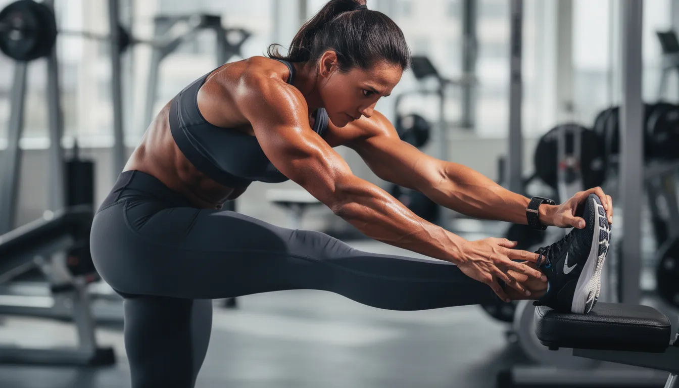 An athletic person with well-defined muscles is seen performing stretching exercises, highlighting their commitment to muscle growth and body composition improvement. This image emphasizes the importance of muscle tissue maintenance and recovery in enhancing physical performance and supporting lean muscle development.