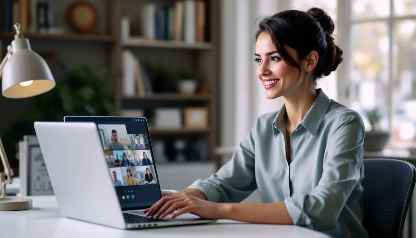 Un'insegnante donna sta dando lezioni private online, aiutando studenti con difficoltà in materie come matematica e inglese. La scena mostra un ambiente accogliente, dove l'insegnante utilizza un computer per interagire con i suoi allievi, offrendo supporto e preparazione per gli esami.