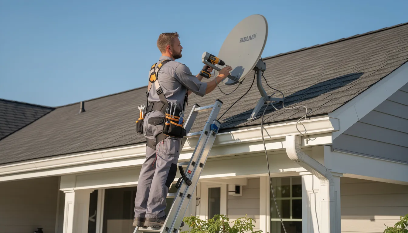 A professional technician is seen on a ladder, carefully installing satellite equipment, including a DSTV dish, on a residential roof in St Helena Bay. This image highlights the importance of accredited DSTV installers providing reliable installation services for optimal reception.