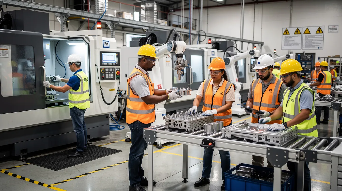 A bustling manufacturing floor where workers are operating various machinery, showcasing hands-on training in a dynamic environment.