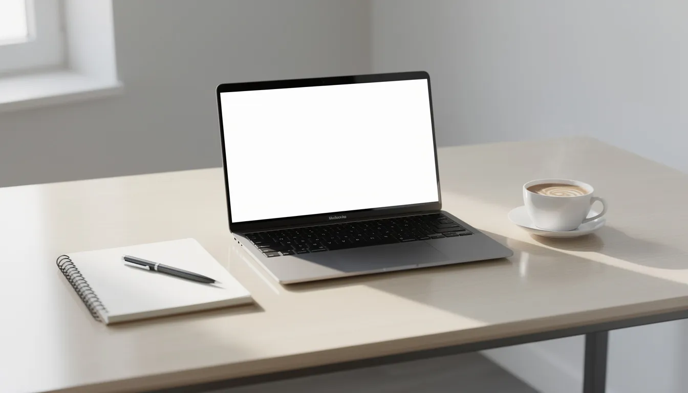 The image depicts a professional workspace featuring a sleek laptop, an open notepad, and a steaming coffee cup, all arranged neatly on a clean desk, ideal for focused tasks such as researching online sports betting sites or placing sports bets. The organized setup suggests a productive environment for experienced sports bettors and those seeking to explore sportsbook promotions.