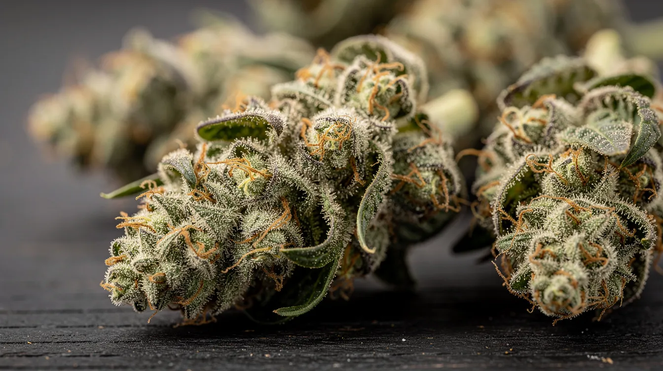 The image features a close-up view of dense cannabis buds, known for their frosty appearance, covered in a white crystalline coating that resembles fresh snowfall, resting on a dark wooden surface. This visual highlights the premium quality of the buds, appealing to many cannabis enthusiasts seeking a potent and enjoyable experience.