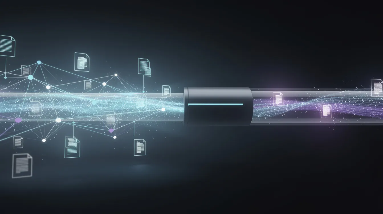 The image depicts an abstract visualization of interconnected data nodes and documents flowing through a pipeline, representing complex workflows and retrieval augmented generation (RAG) systems. This dynamic structure illustrates the interaction between input data, vector search, and AI agents, highlighting key features of modern machine learning applications.