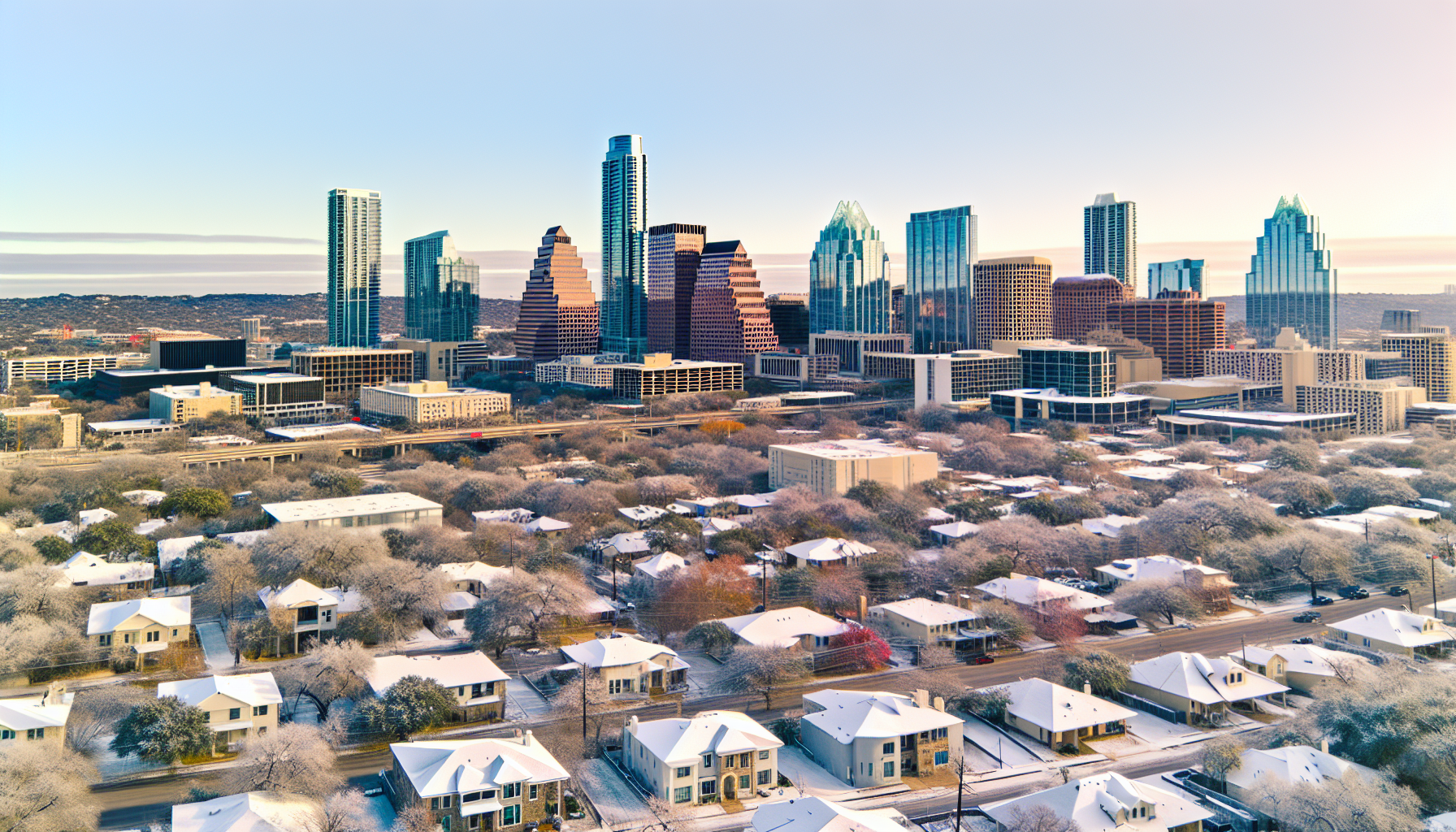 Aerial view of downtown Austin during the winter months