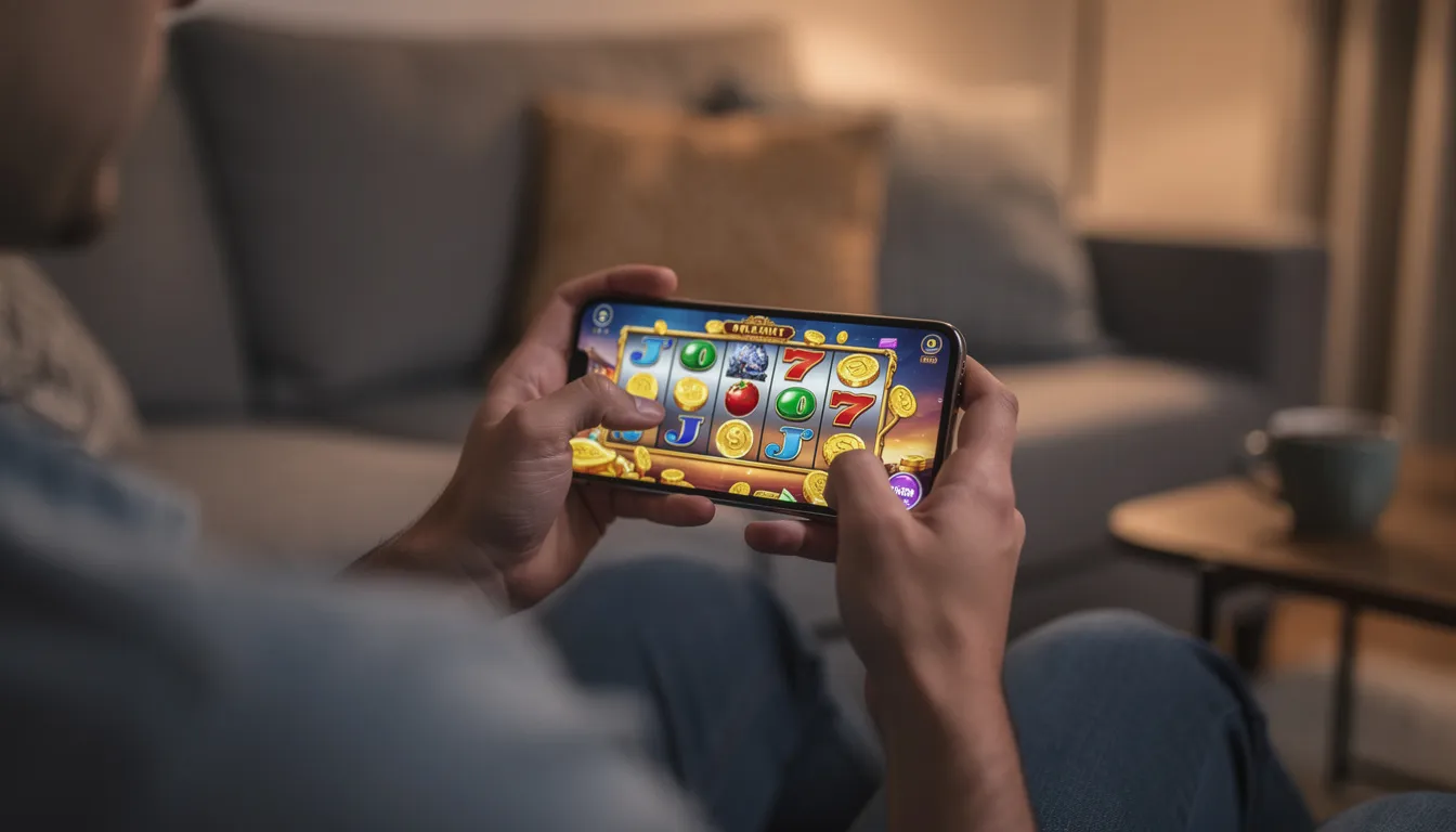En person sitter bekvämt och håller en smartphone medan de spelar ett mobilcasino-spel. Den avslappnade miljön visar hur enkelt det är att komma igång med live casinospel hos premier live casino.
