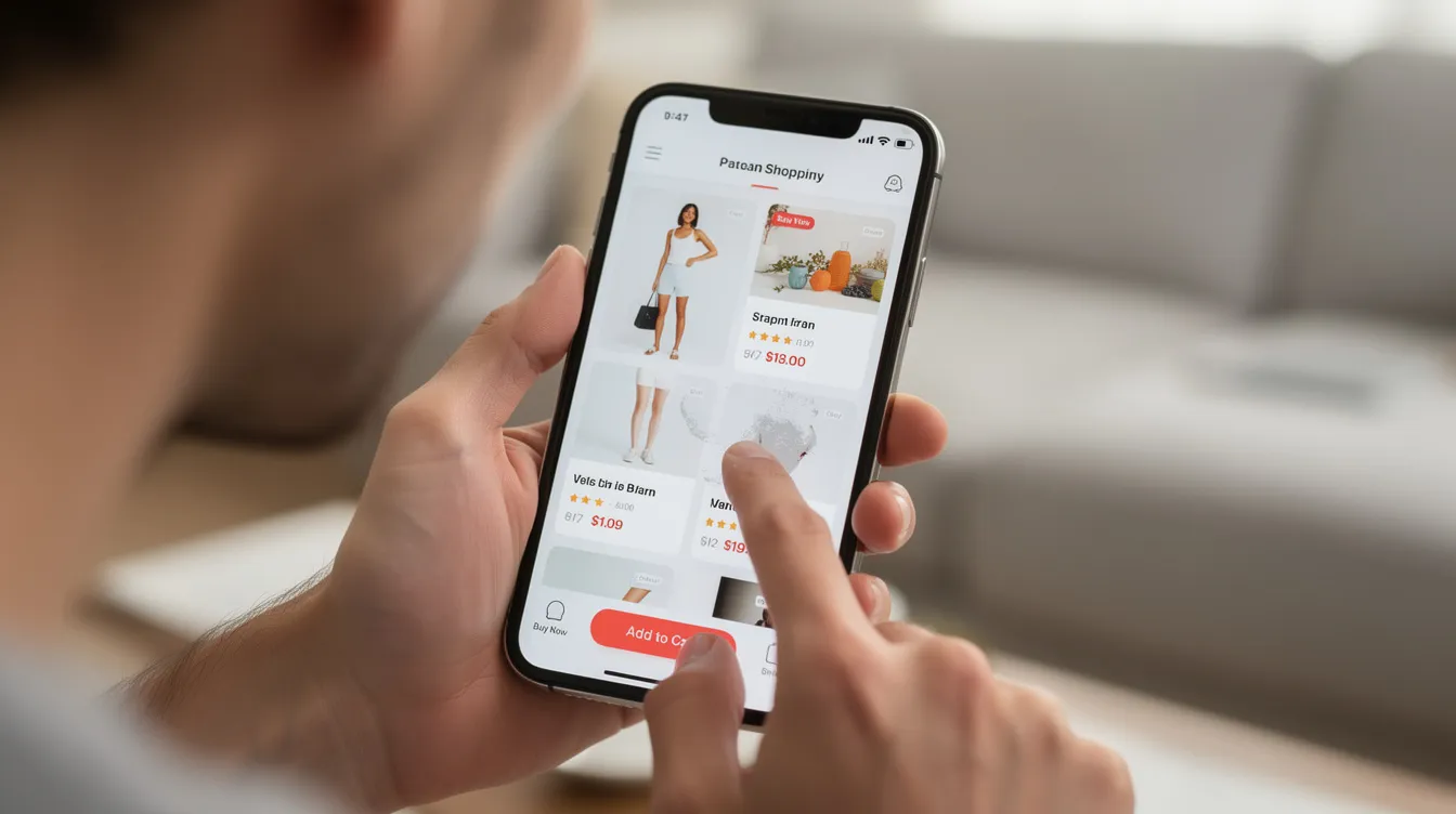 A person is seen scrolling through a mobile shopping app on their smartphone, exploring various products and offers from Shopify stores. The image highlights the convenience of online shopping and the user-friendly interface typical of a well-designed Shopify site.