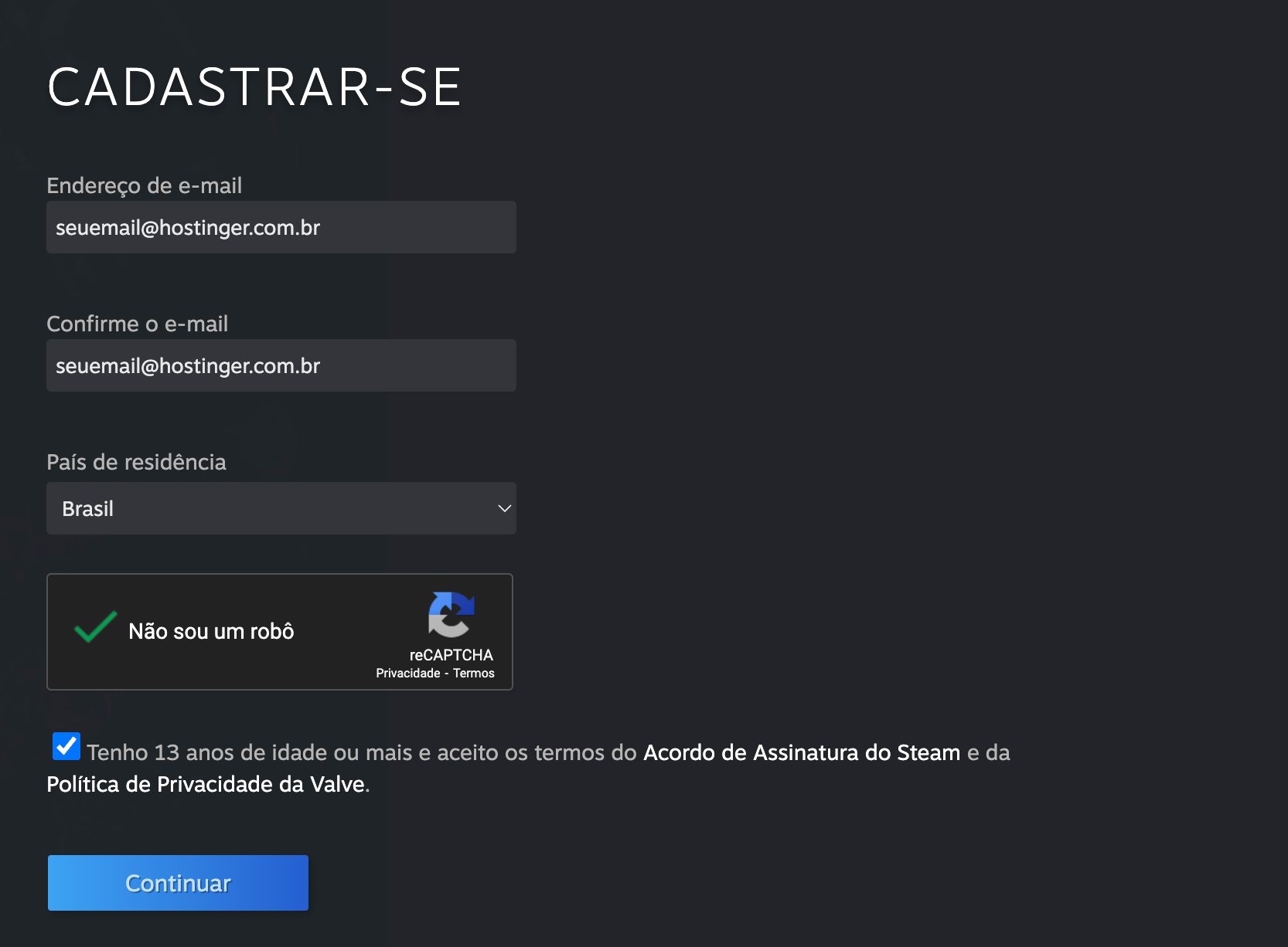 Inserindo detalhes para criar uma conta no Steam