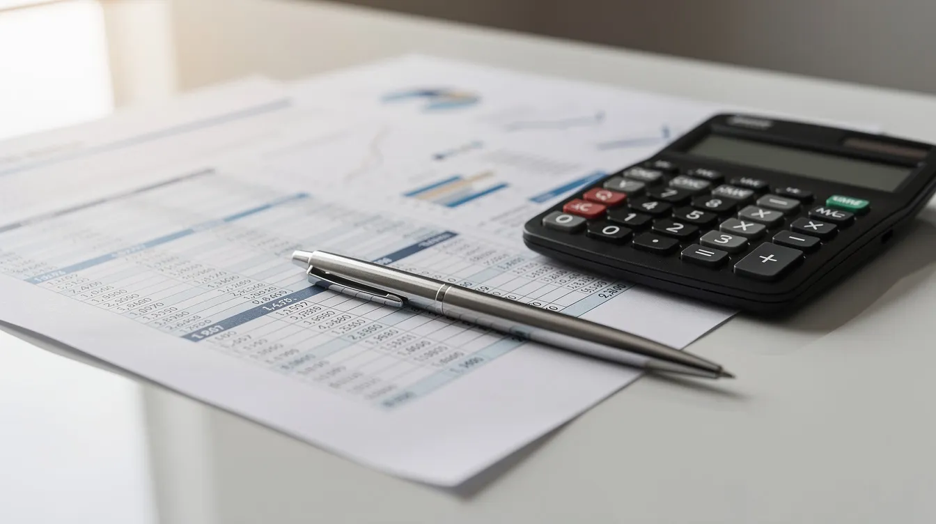 The image features a collection of financial documents, a calculator, and a pen neatly arranged on an office desk, suggesting preparation for creating a business plan or a project report related to a mudra loan. This setup is indicative of the financial planning process necessary for securing loans from banks or financial institutions.