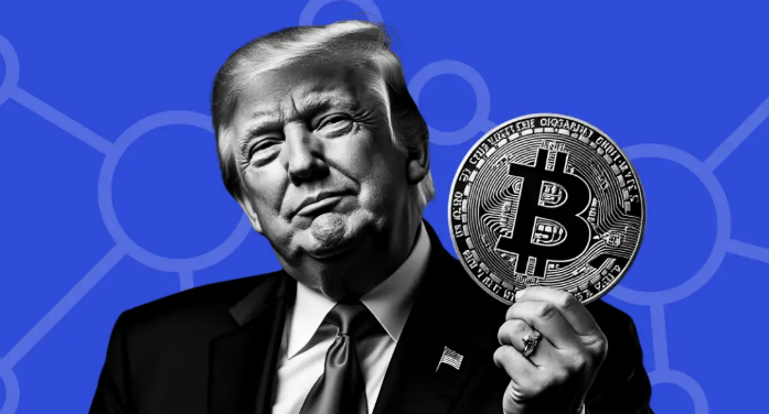 Image of Donald Trump holding up a Bitcoin