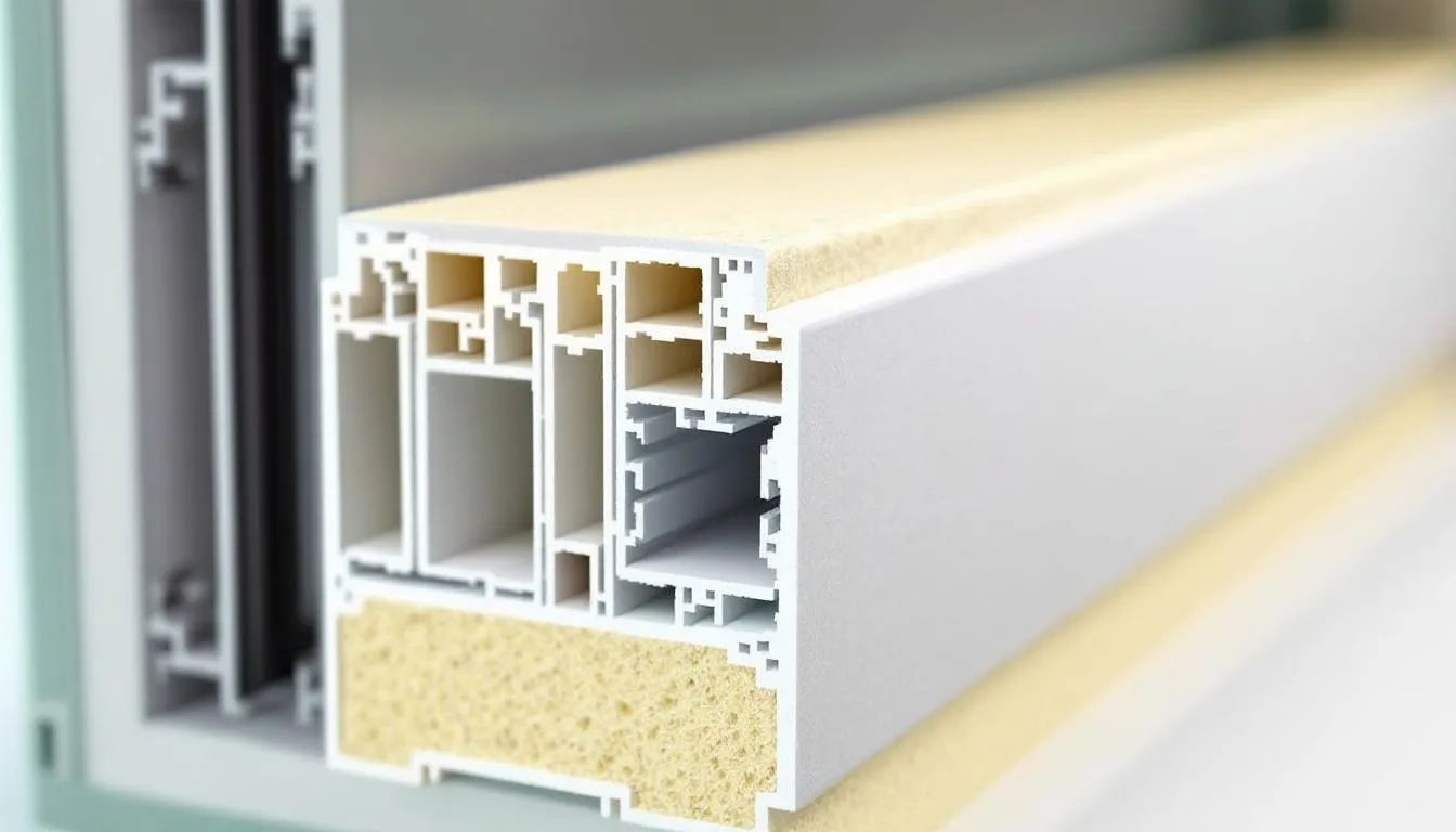 Close-up van een kunststof kozijnprofiel met meerdere kamers, waarin de isolatiekamers duidelijk zichtbaar zijn. Dit ontwerp zorgt voor uitstekende thermische isolatie en energie-efficiëntie, wat bijdraagt aan lagere energiekosten en een lange levensduur van de nieuwe kozijnen.