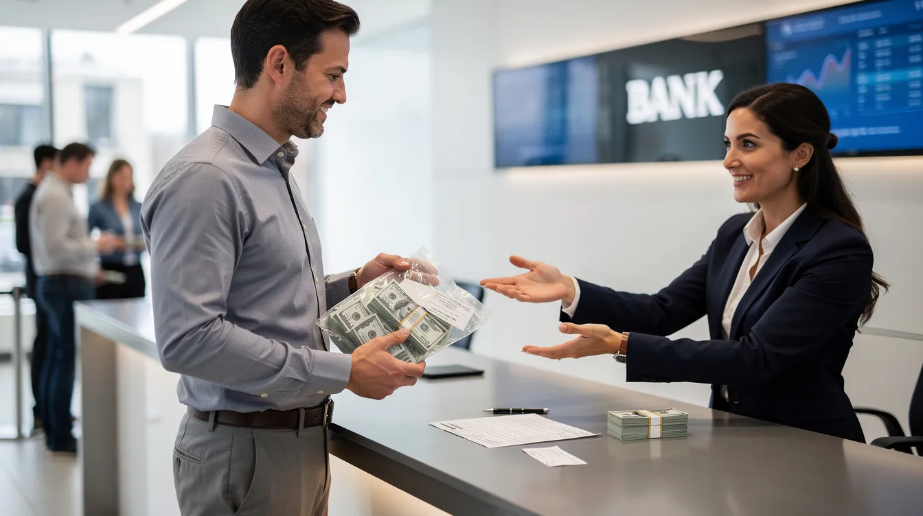 1471bf9f 4791 45dc b378 3b38a2cf1c23 A business owner is seen depositing cash at a bank counter, likely as part of managing their cash flow for a small enterprise. This action may relate to their financial activities under the Pradhan Mantri Mudra Yojana, which supports small businesses through various loan schemes.