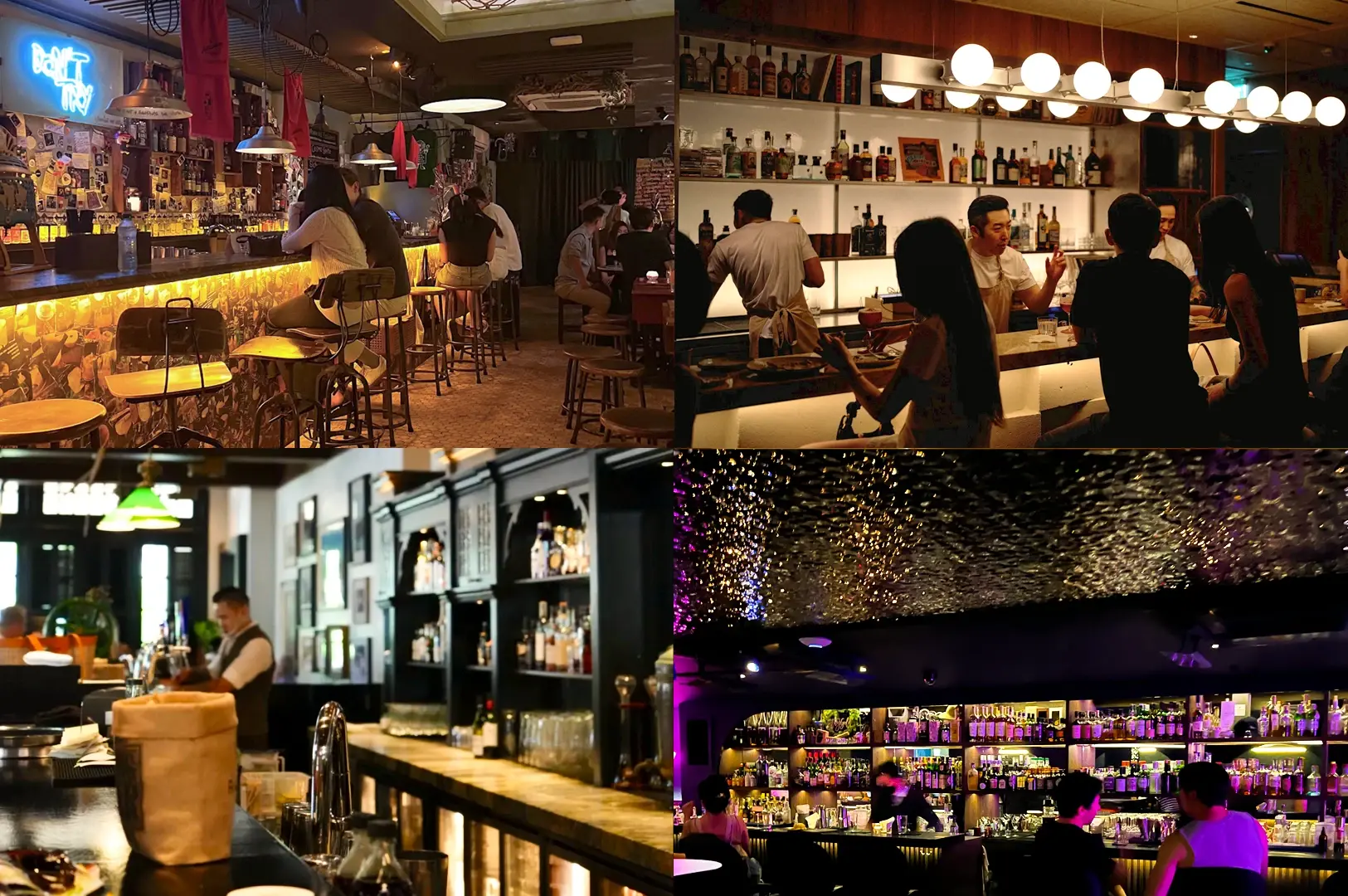 Upper Left: Eye‑level wide shot of Bar Bon Funk interior with tiled bar counter, stools, pendant lights, neon sign, and patrons seated along a warmly lit bar lined with liquor bottles. Upper Right: Eye‑level medium shot of Sago House bar with wooden counter, backlit shelves of spirits, globe ceiling lights, bartender preparing drinks, and guests seated at the bar. Lower Left: Eye‑level close‑up of Long Bar counter showing marble bar surface, glassware, liquor shelves, and a bartender blurred in the background. Lower Right: Eye‑level wide shot of Stay Gold bar with illuminated bottle display, seated patrons, and a reflective textured ceiling under purple ambient lighting.