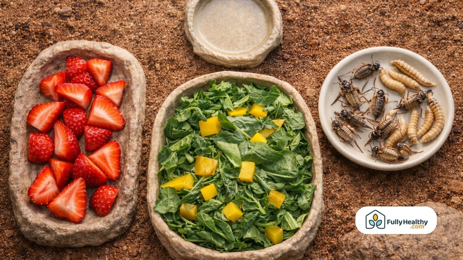 Three bowls with strawberries greens yellow peppers and live insects for feeding