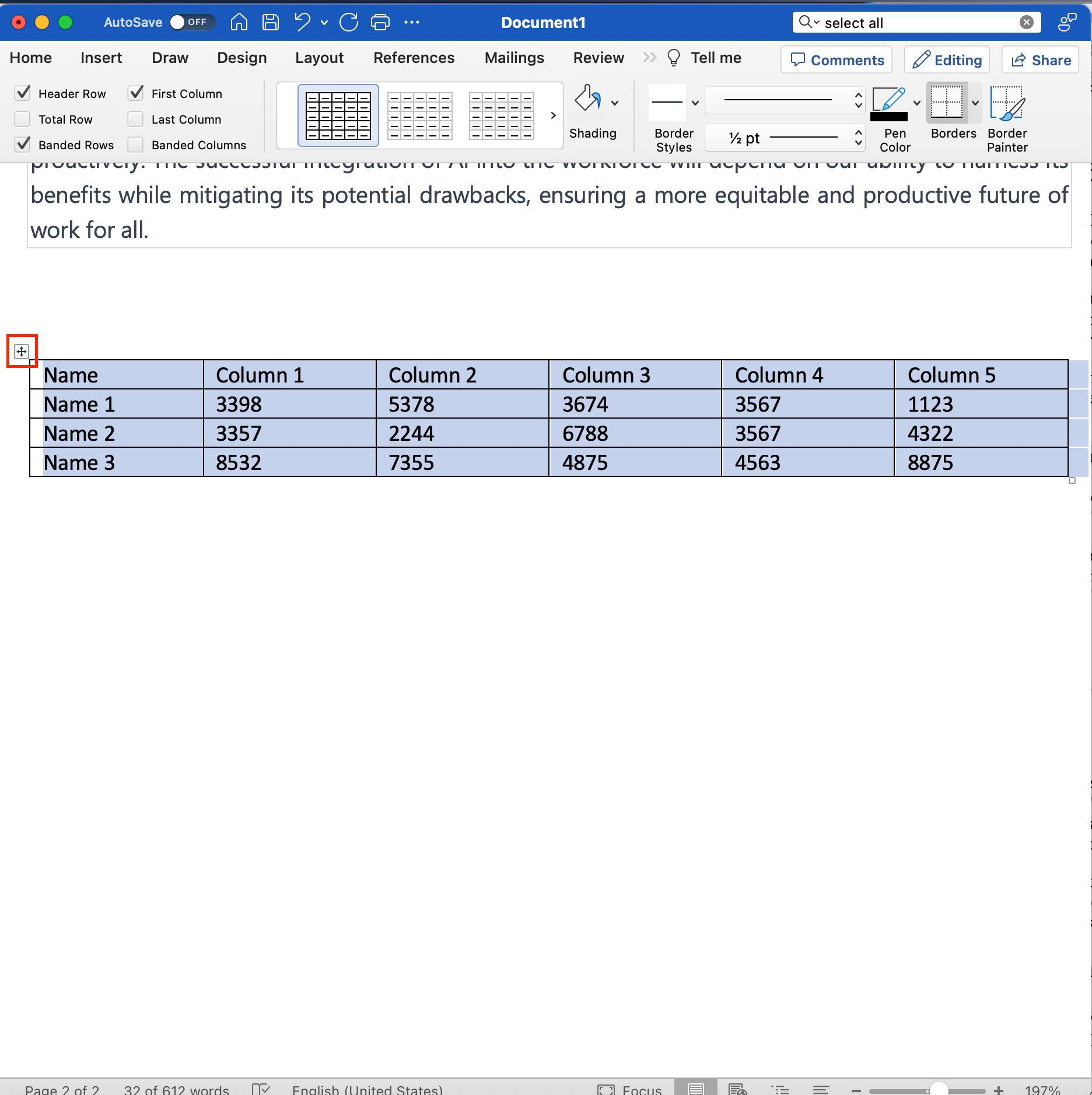 Select All Cells in a Table in MS Word