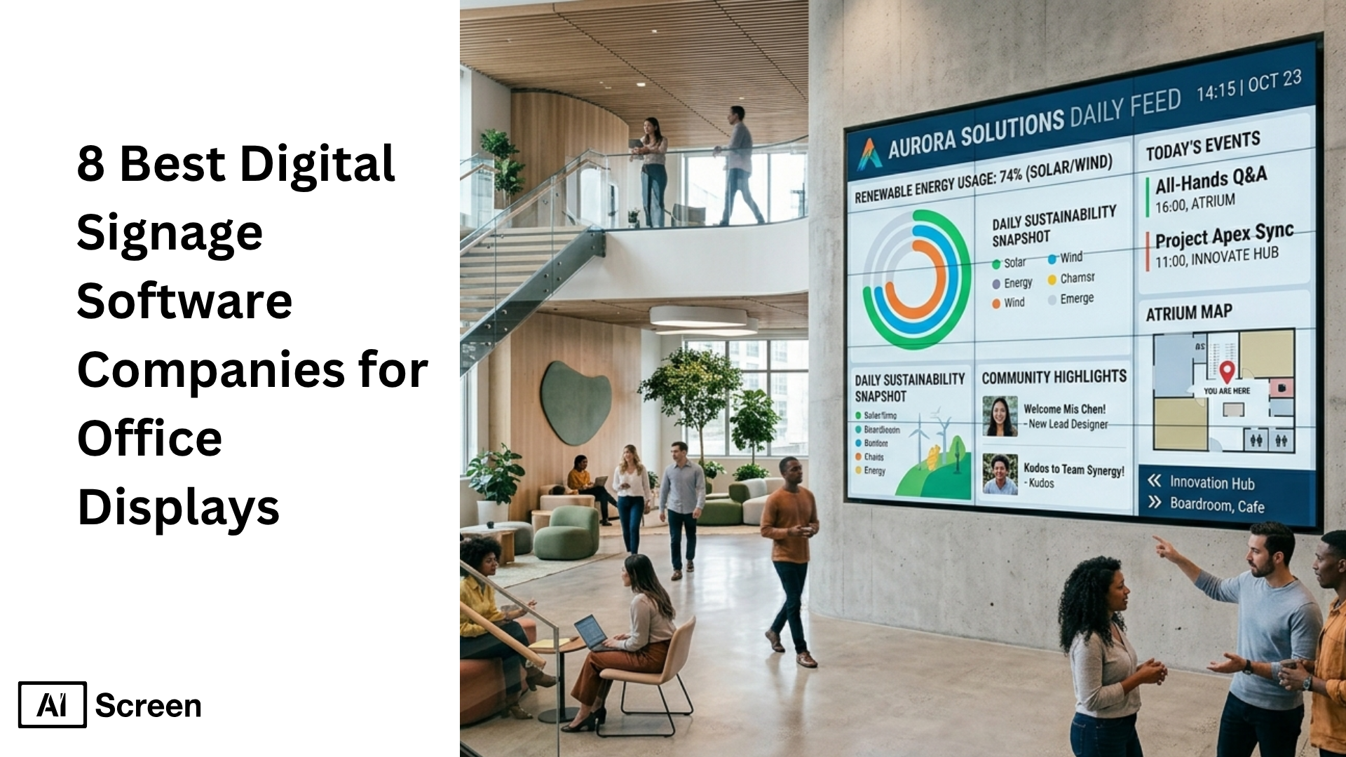 8 Best Digital Signage Software Companies for Office Displays 1 office displays shown on workplace screens with dashboards
