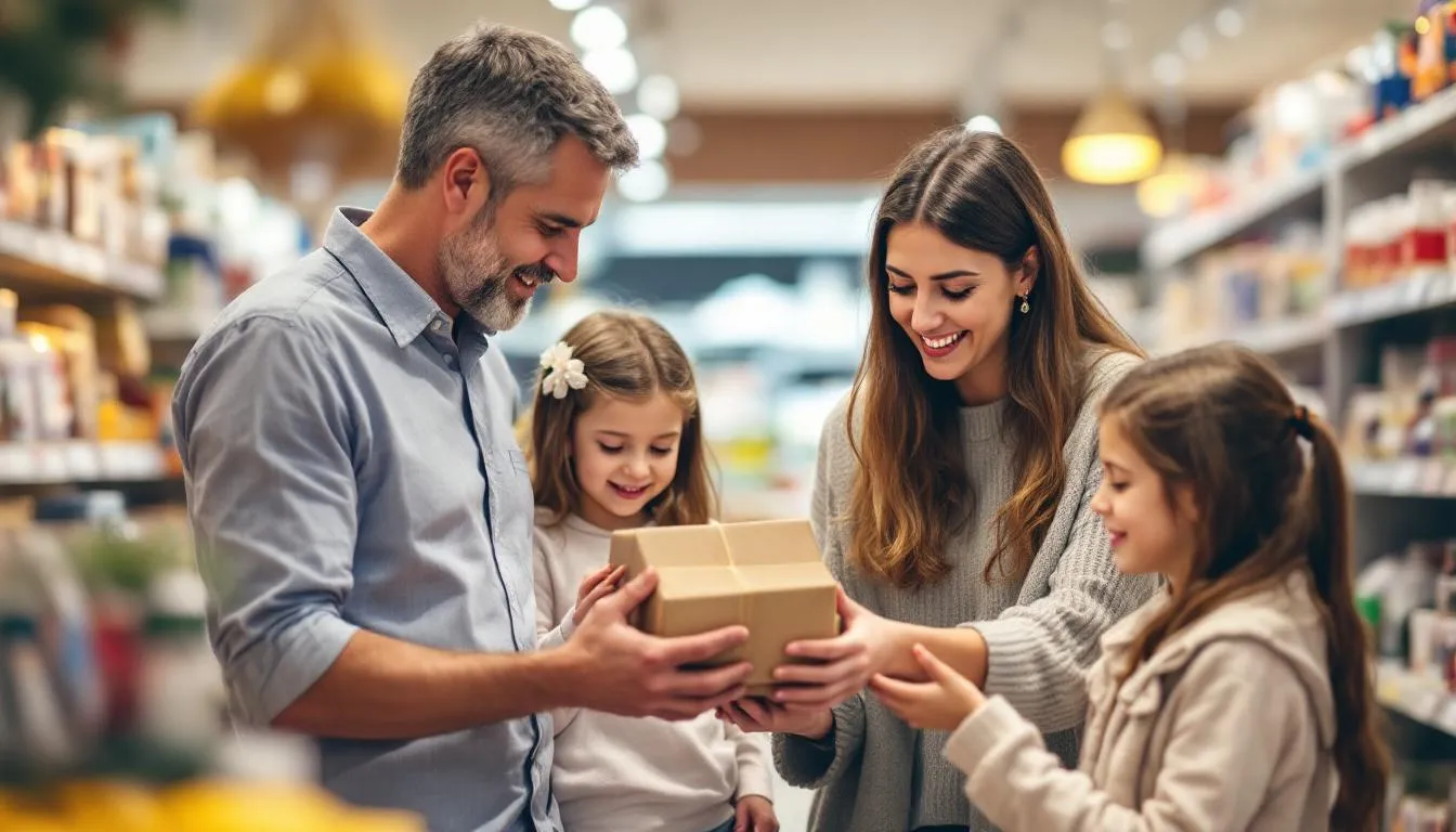 Na zdjęciu widać rodzinę, która wspólnie wybiera wyjątkowy prezent dla taty w sklepie. Dzieci i rodzice zastanawiają się nad różnymi opcjami, aby znaleźć idealny upominek na urodziny ojca, który sprawi mu radość.