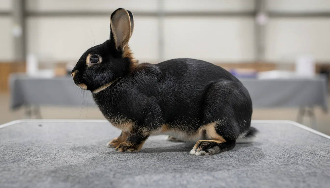 A black Tan rabbit stands proudly on a show table, showcasing its distinctive full-arch body shape and sleek coat. This domestic rabbit exhibits the characteristic coloration and pattern of the tan breed, making it a striking example of this popular variety among breeders.