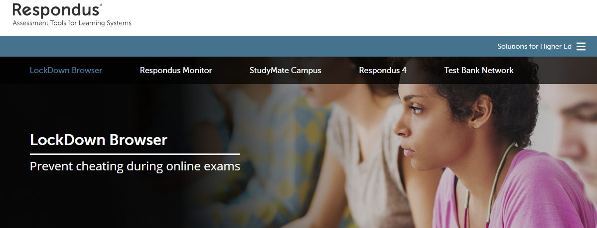 Respondus LockDown Browser homepage showcasing secure online exam software with browser lockdown, remote proctoring, and cheating prevention for educational assessments.