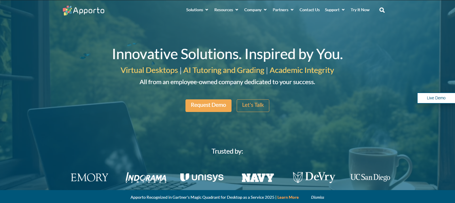 Apporto virtual desktop platform homepage showcasing secure cloud desktops, AI-powered solutions, and remote access services for education and enterprise organizations.