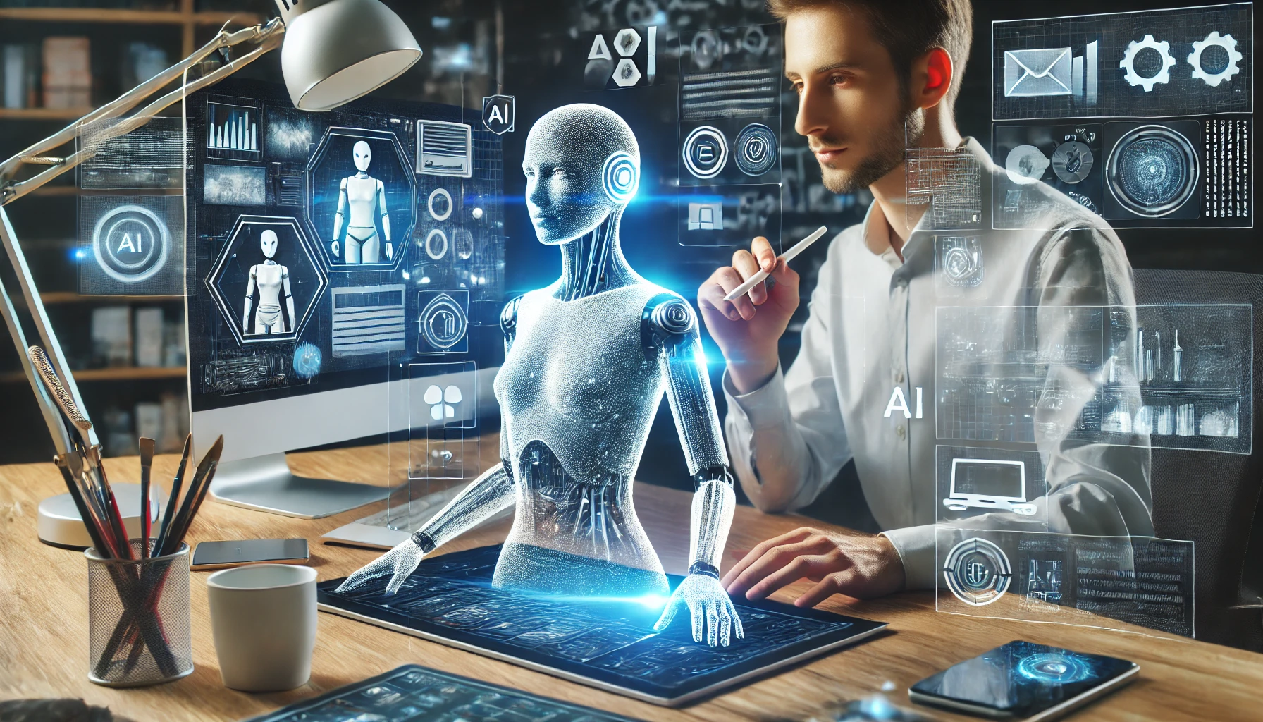 "High-quality image depicting an AI entity assisting a human in content creation. The AI is represented as a sophisticated digital avatar, interacting with the human working on a computer in a modern workspace. The background includes screens, digital interfaces, and creative tools, conveying collaboration and innovation in technology and AI.