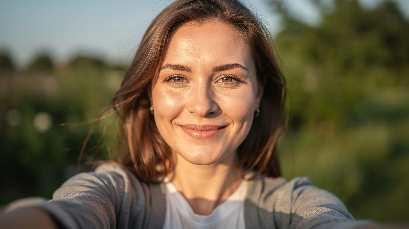 A woman is taking a natural selfie outdoors, basking in good lighting that highlights her true self and personality. This candid moment captures her looking for someone special, reflecting the fun and self-awareness often sought in dating profiles.