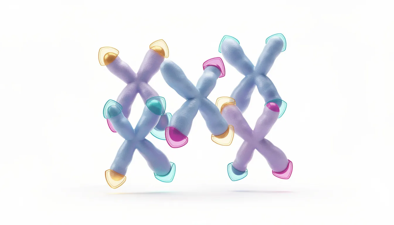 The illustration depicts chromosomes with colorful protective telomere caps at their ends, resembling shields that protect chromosome ends from telomere shortening. This visual representation highlights the importance of telomere length in maintaining genomic stability and its role in biological aging and cell division.