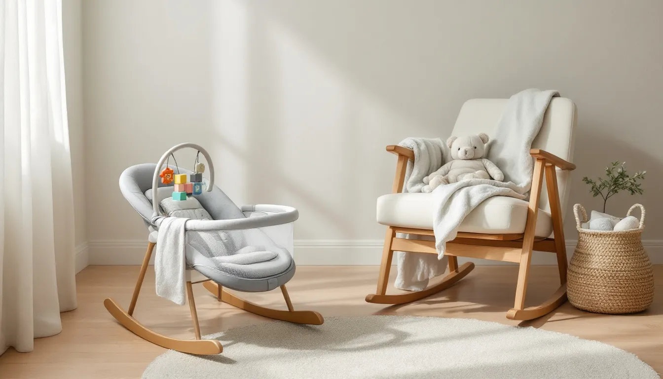 A minimalist nursery setting features a selection of practical baby shower gifts, including a baby bouncer, a baby carrier, and soft cotton baby clothes, all displayed in soothing neutral tones, perfect for new parents preparing for their baby's arrival. This thoughtful arrangement highlights ideal baby shower gift ideas that blend style and functionality.