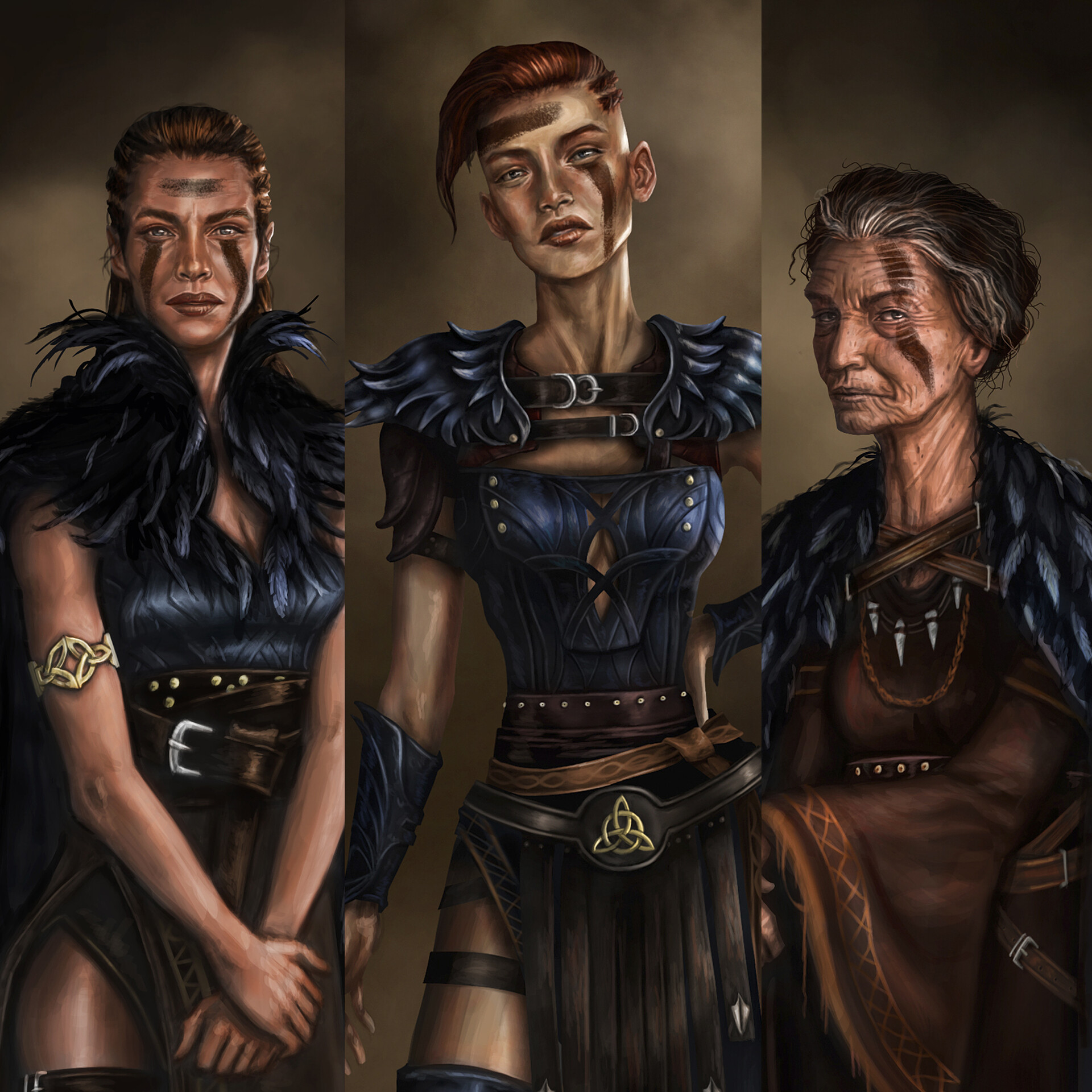 Three different versions of the same red haired woman. One is a young adult who looks ready for battle in Celtic blue Celtic armor, one looks as if the battle has passed with short hair and dramatic face paint, the other is an old woman with similar face paint but not in armor. 