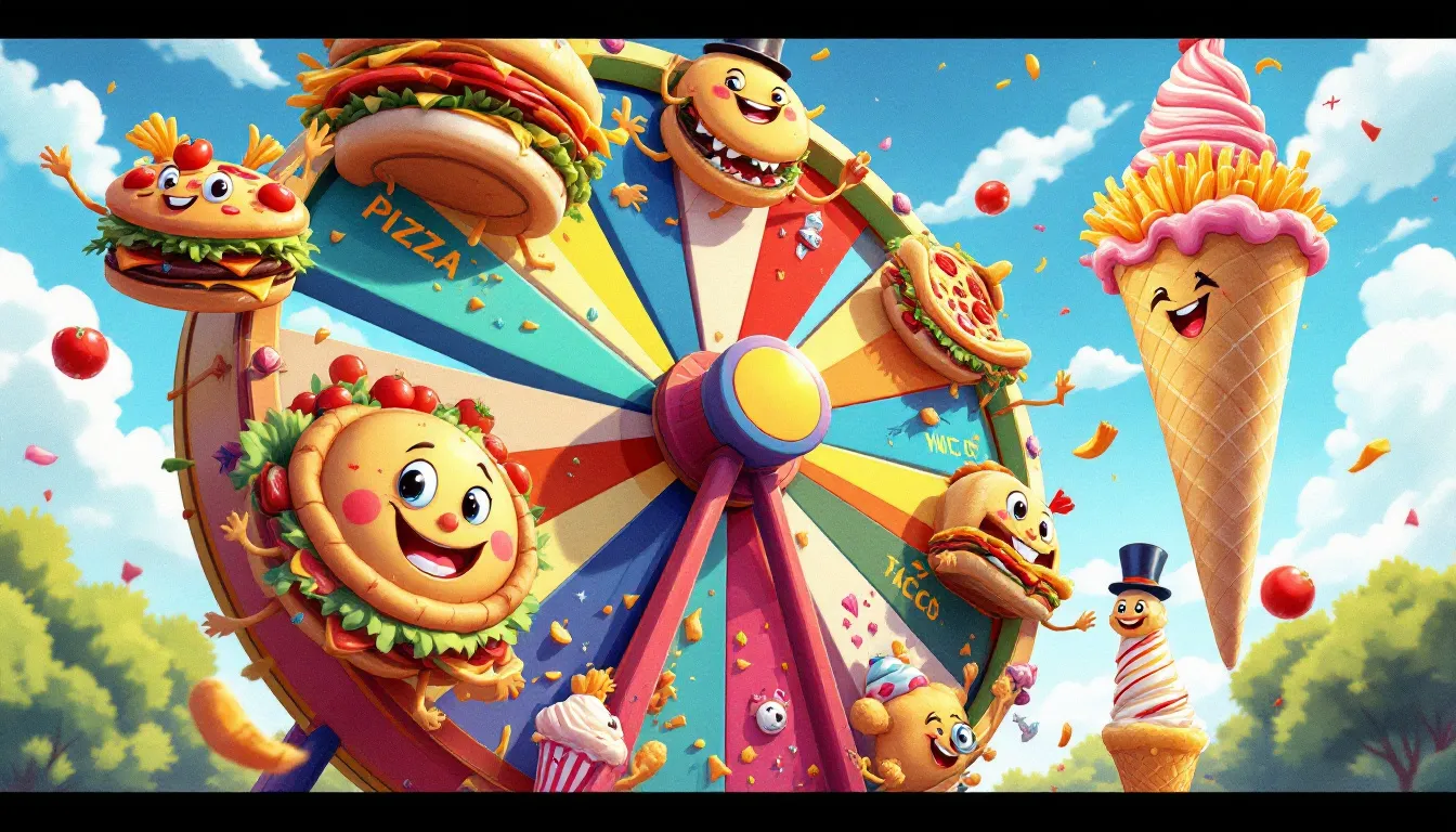 An illustration of a fast food wheel showing various fast food items.