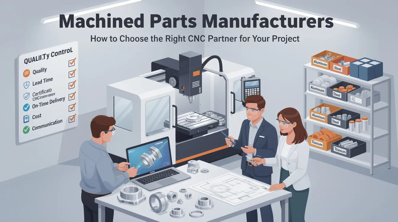 The image illustrates a modern CNC shop showcasing advanced CNC machining centers and operators engaged in precision machining processes. It highlights various custom machined parts and components, emphasizing exceptional precision and quality control in the manufacturing process for industries requiring tight tolerances and complex geometries.