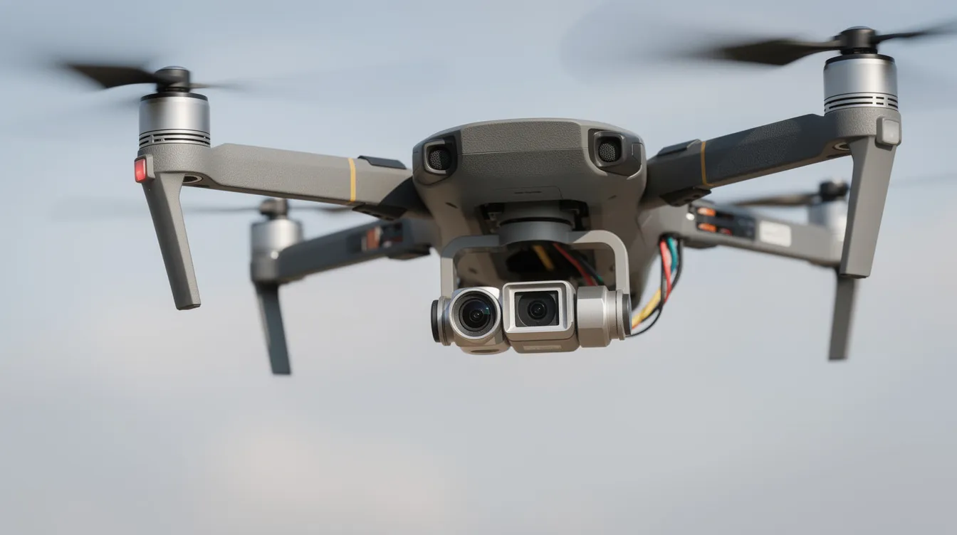 A close-up view of a commercial drone featuring a dual visual and thermal camera payload mounted underneath, designed for advanced roof inspections. This compact drone is equipped to capture high-resolution images and thermal data, making it ideal for identifying roof defects and structural weaknesses in hard-to-reach areas.