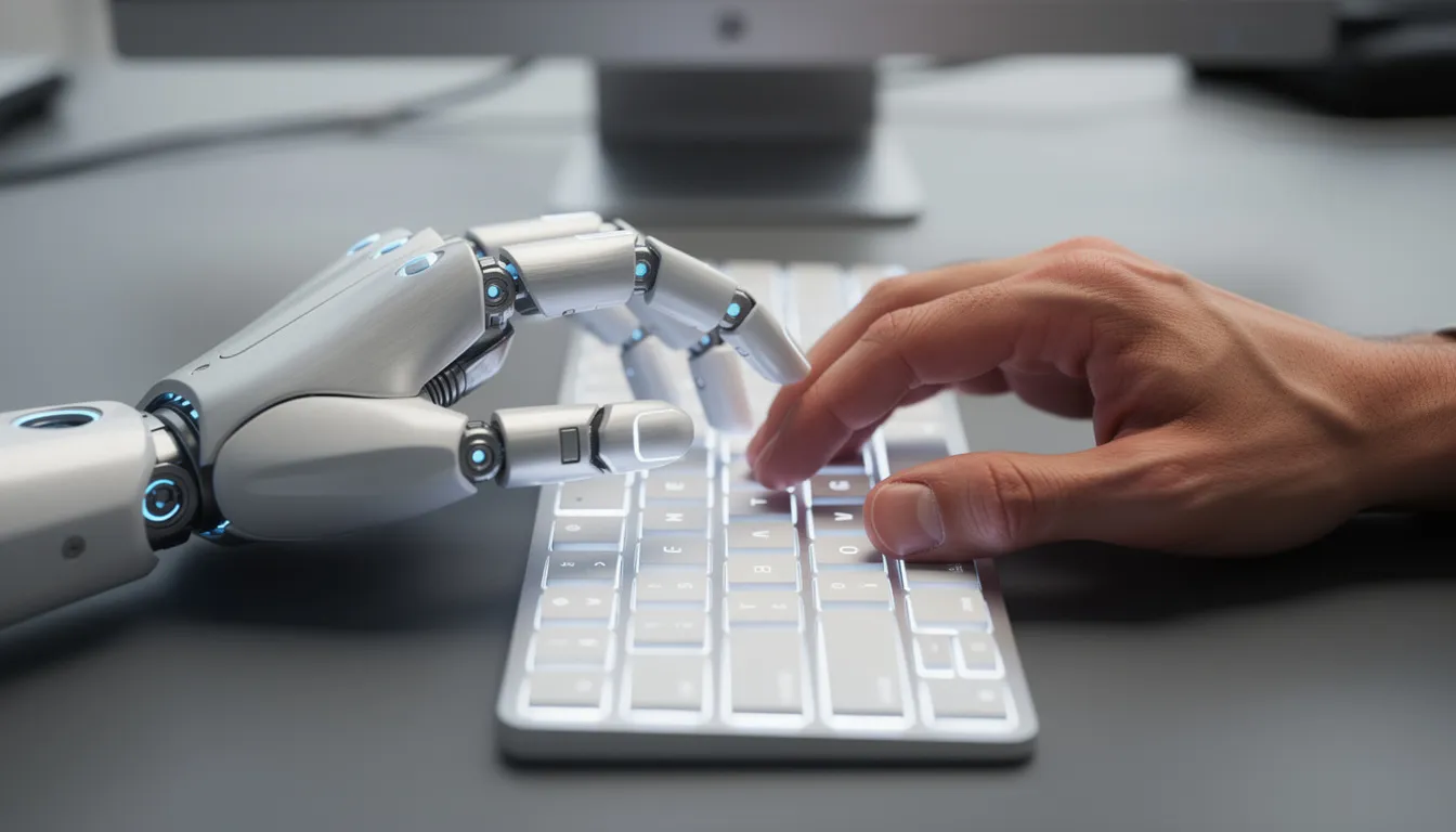 An image shows a robotic hand and a human hand collaboratively typing on a keyboard, symbolizing the synergy between artificial intelligence and human intervention in performing complex tasks. This partnership highlights how AI agents can assist in analyzing customer data and generating human language for enhanced customer satisfaction.