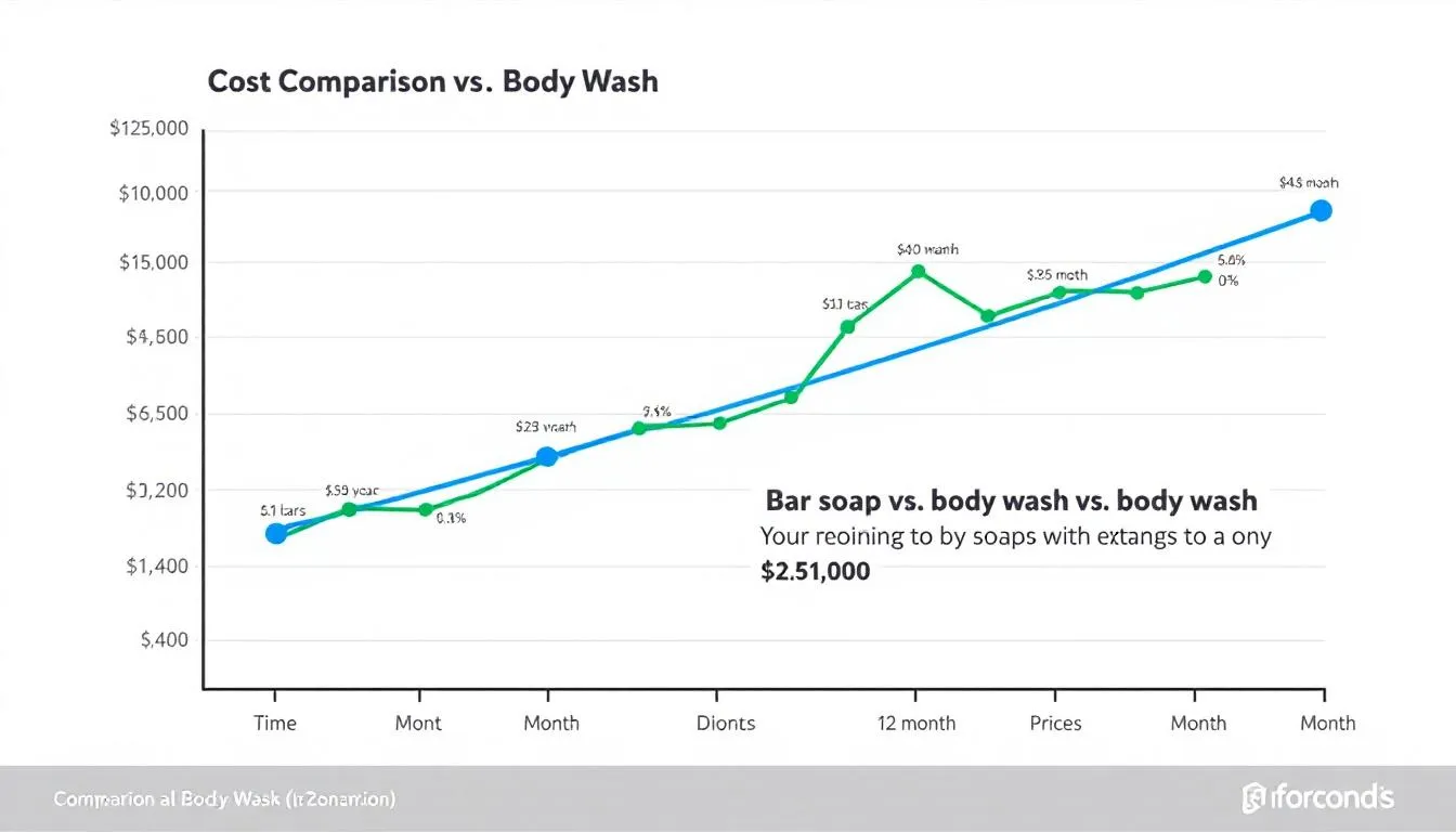 The image depicts a chart comparing the costs of bar soap and body wash over time, illustrating the price trends for these popular body cleansers. It highlights the differences in pricing between traditional bar soaps and liquid body washes, catering to various skin types and personal preferences.