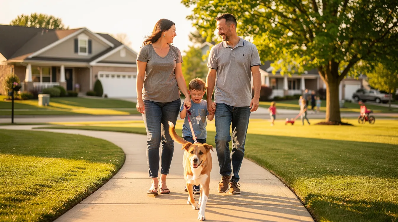 A happy family is walking in a suburban park with their newly adopted dog, showcasing the joy of responsible pet ownership. This heartwarming scene highlights the bond between the family and their furry friend, emphasizing the importance of animal welfare and the loving homes provided by shelters like the lost dogs home.