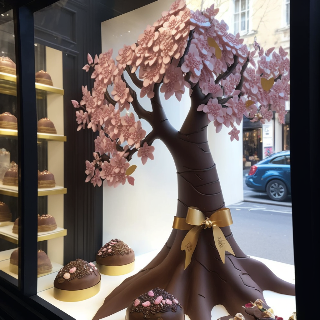 Chocolate colored cherry tree in a chocolate popup store. By Epiprodux