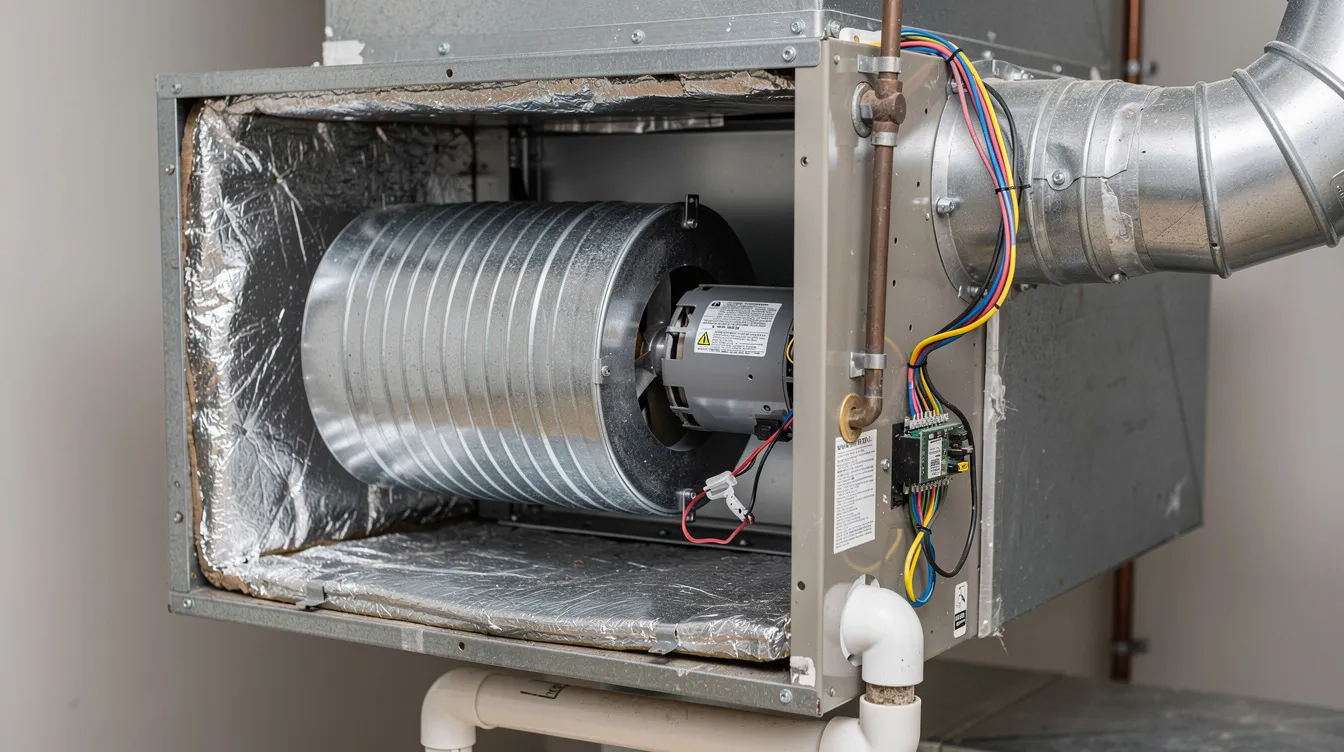 A close-up view of a residential HVAC air handler unit with the access panel removed reveals the blower motor and housing, highlighting the components essential for pushing cool air through the duct system. The image also suggests the importance of regularly inspecting the air filter to ensure proper airflow and system efficiency.