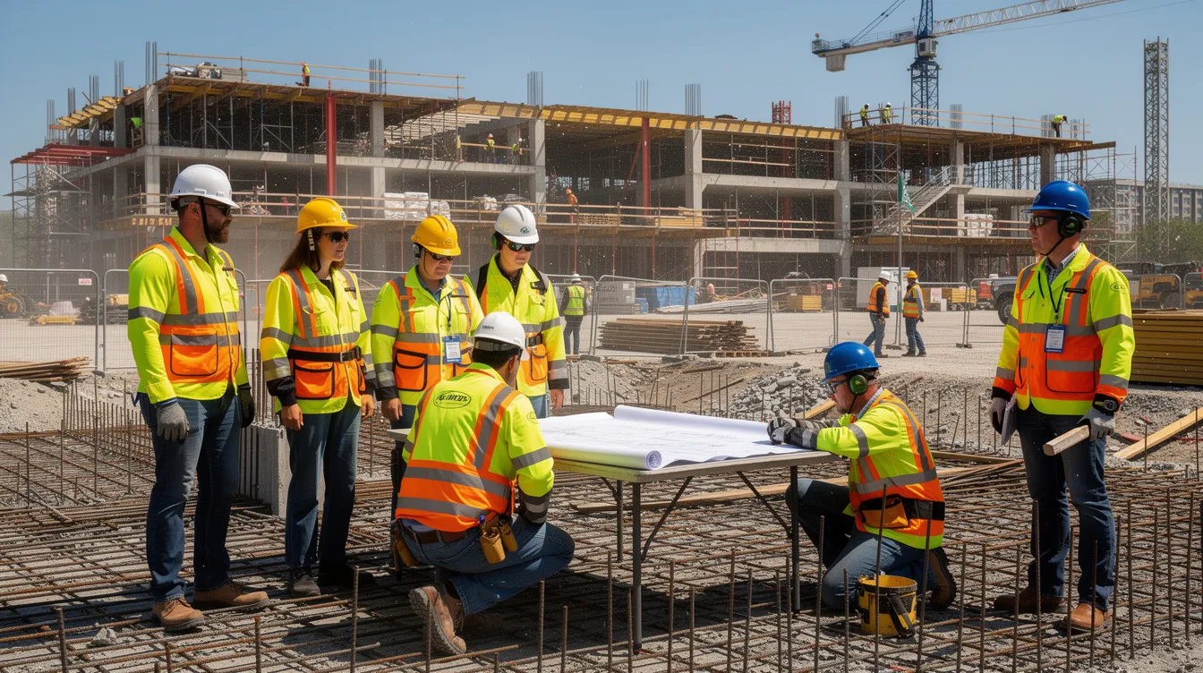 The image shows construction workers on a commercial job site, all wearing bright safety vests and hard hats for protection. This scene highlights the importance of general liability insurance and workers' compensation for safeguarding workers and businesses against potential risks and liability claims.