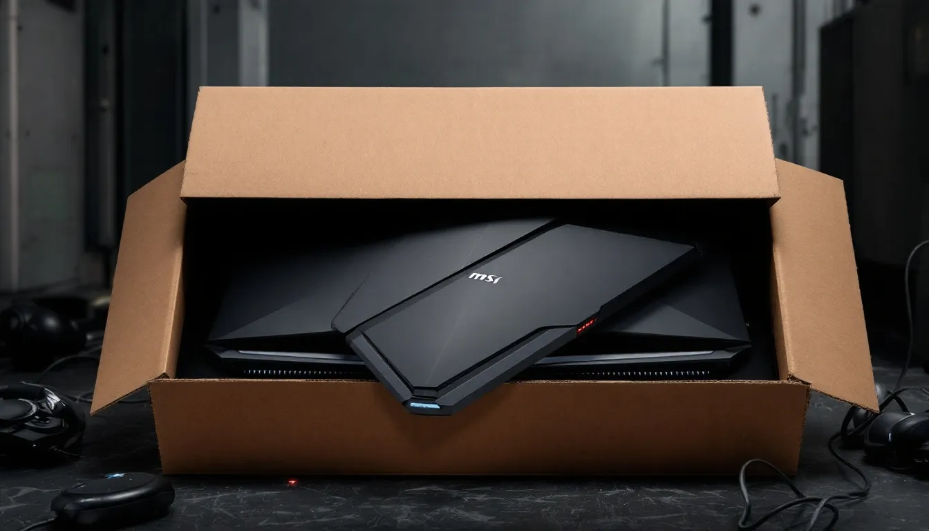 Unboxing des MSI Katana Gaming Laptops. Der Karton ist geöffnet und das Gerät ist teilweise sichtbar.