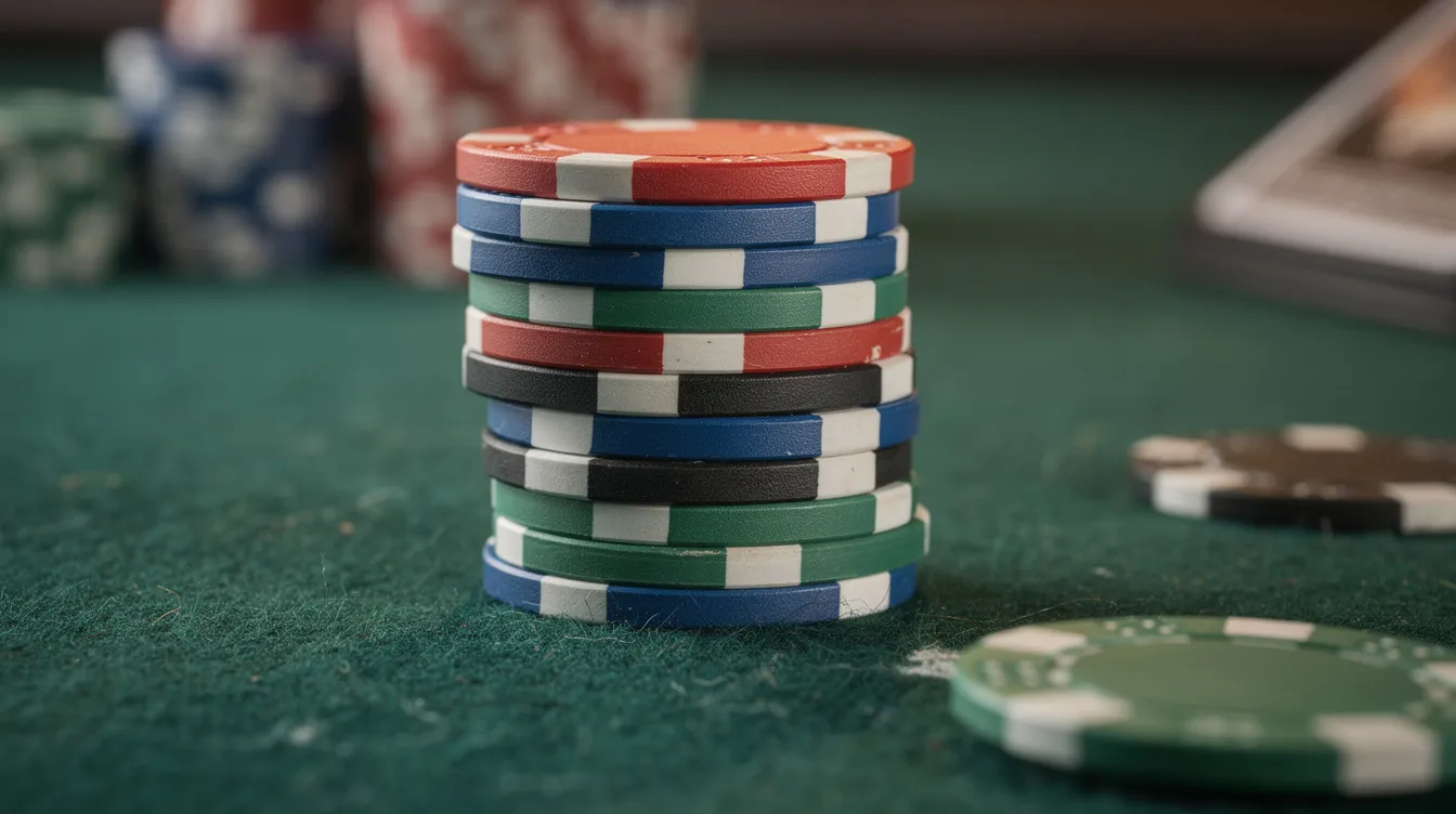 A stack of colorful poker chips is arranged neatly on a green felt table surface, creating a vibrant scene typical of online casino gaming. This image evokes the excitement of playing casino games, where players aim to win real money and enjoy various deposit bonus offers.
