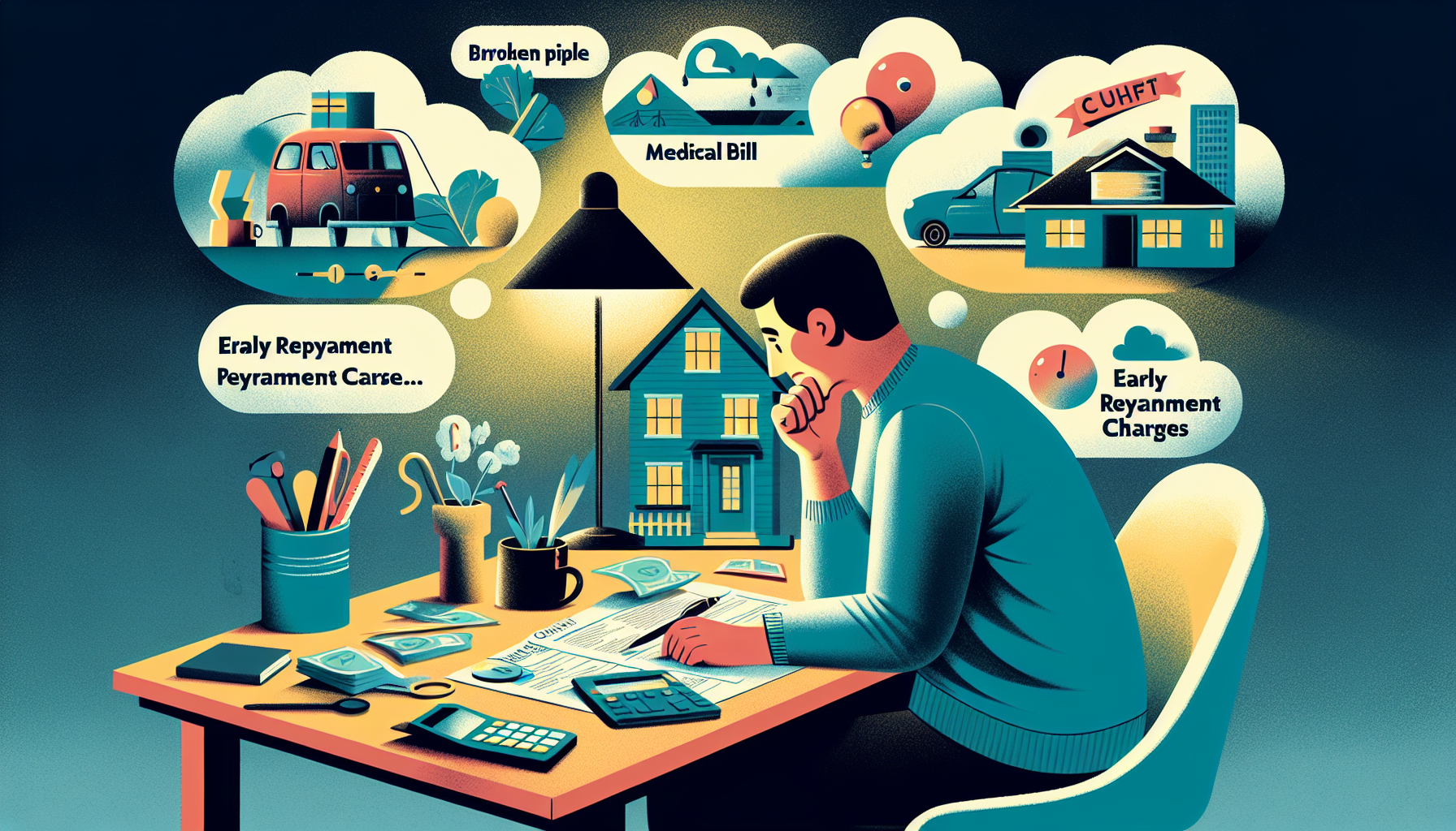 An illustration depicting the drawbacks and considerations of overpaying a mortgage, including unexpected expenses.