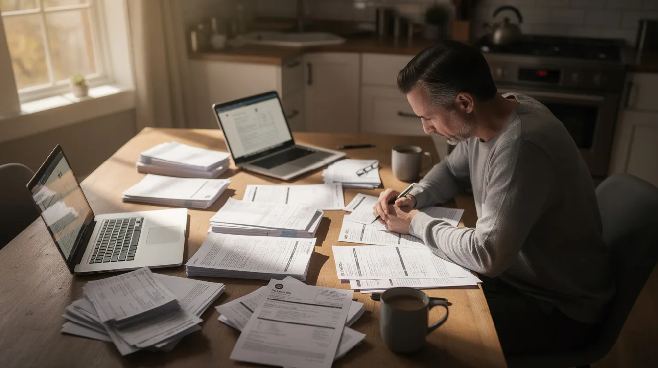 A person is seated at a kitchen table, reviewing paperwork and financial documents related to house flipping, with a laptop open nearby. This scene highlights the importance of thorough research and informed decisions for real estate investors looking to navigate the complexities of the real estate market.