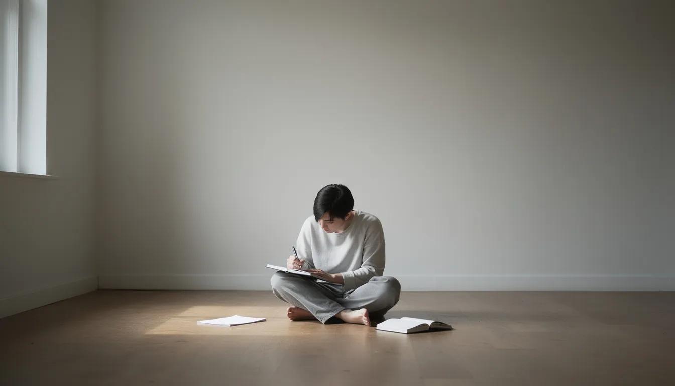 A person is sitting in an empty room, focused on writing in a notebook, emphasizing the importance of planning and clear communication in the design process to avoid costly mistakes. The minimalist space highlights the potential for creative interior design choices that can lead to long-term value.