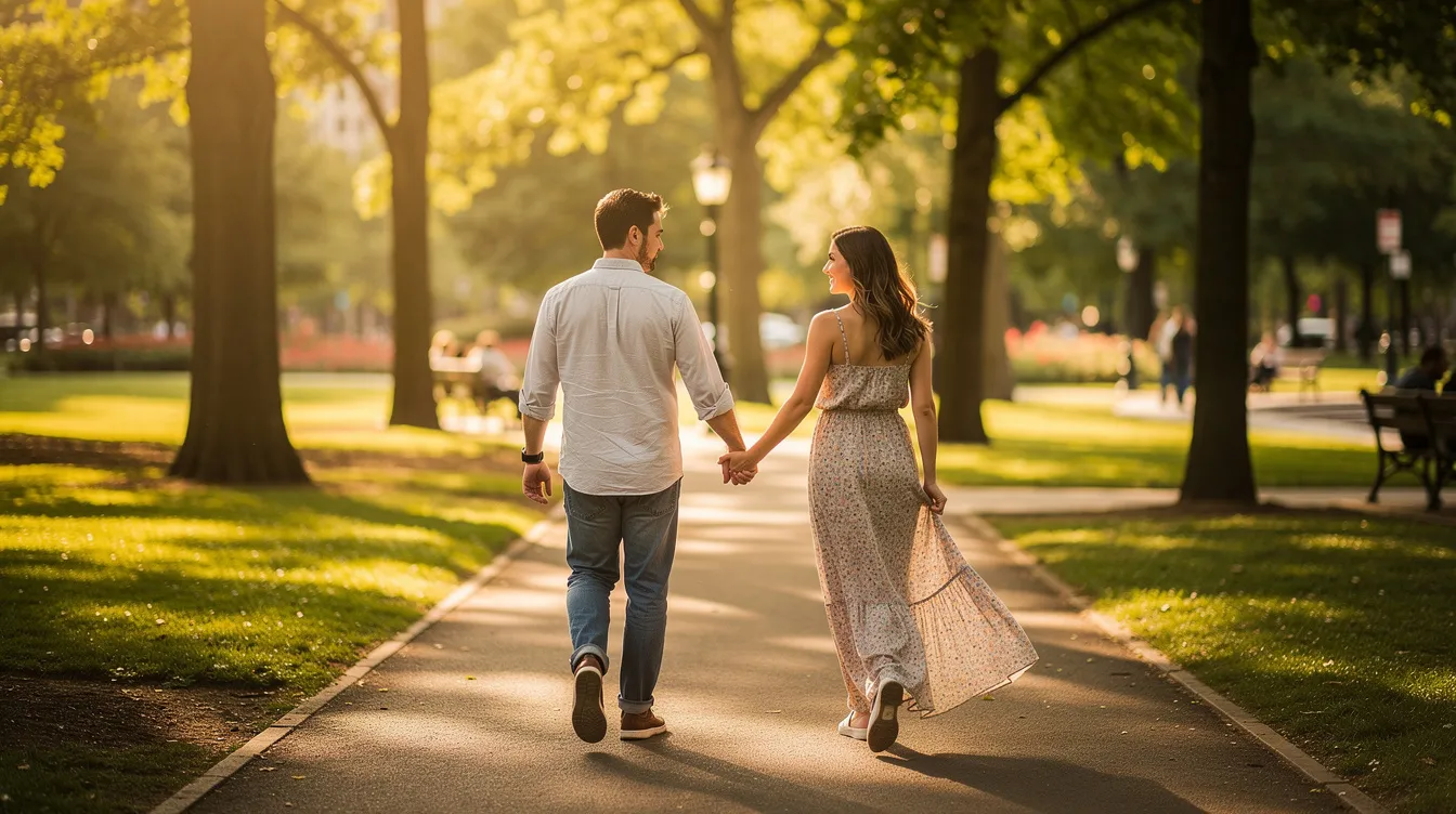 A couple is walking hand in hand through a serene park, embodying the essence of a healthy relationship as they enjoy quality time together. Their body language and eye contact reflect a strong bond, emphasizing the importance of communication and mutual support in a romantic partnership.