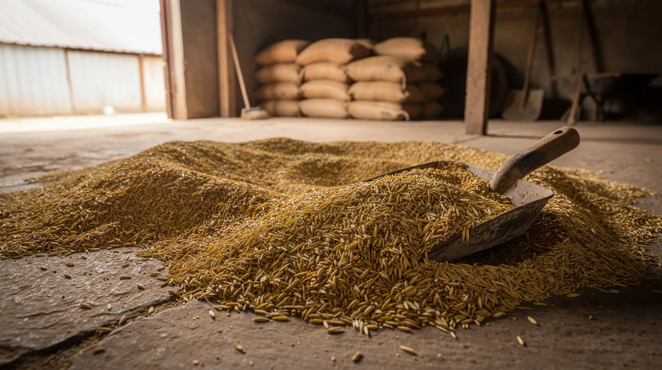 1491f0c7 1bc6 4d1d 87d4 aa497f46056b The image shows a surface covered with raw paddy grains, accompanied by a metal scoop, set in a rustic Indian warehouse environment. This scene highlights the essential raw material for the poha manufacturing process, crucial for understanding the project's financials and market demand in the food processing industry.