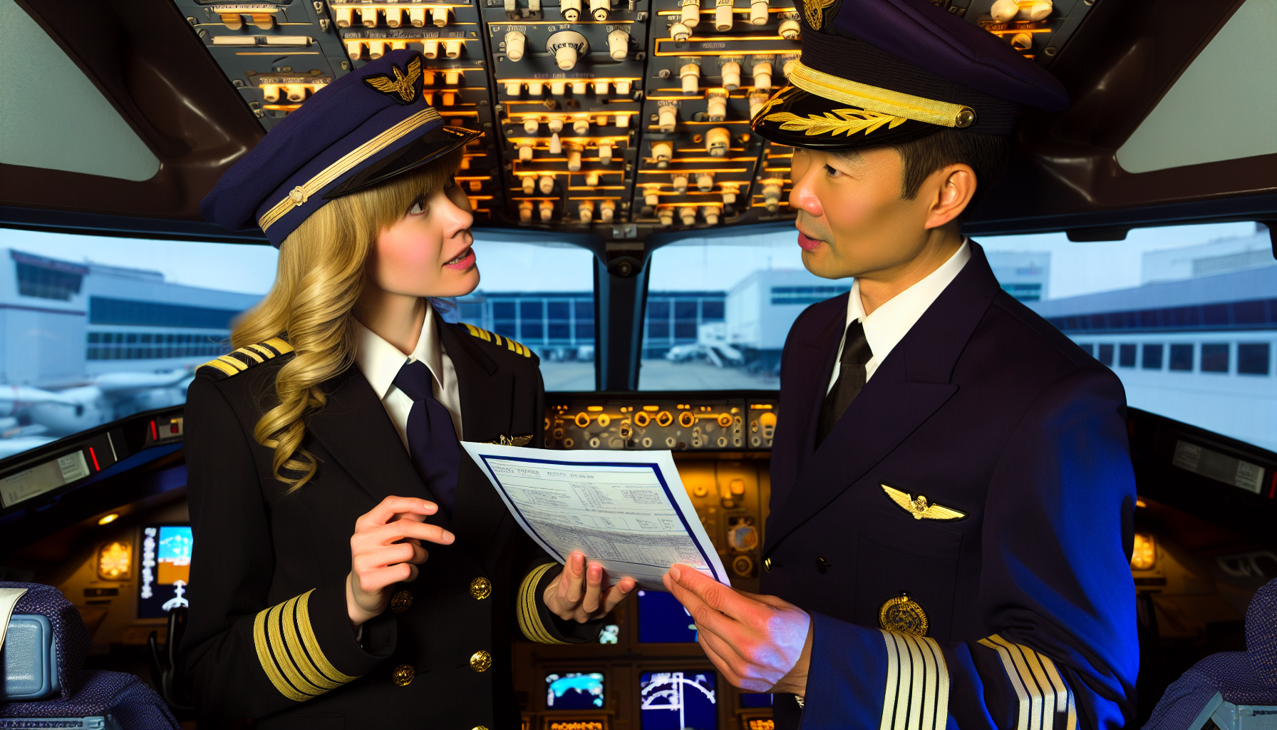 Two pilots in a cockpit discussing flight training