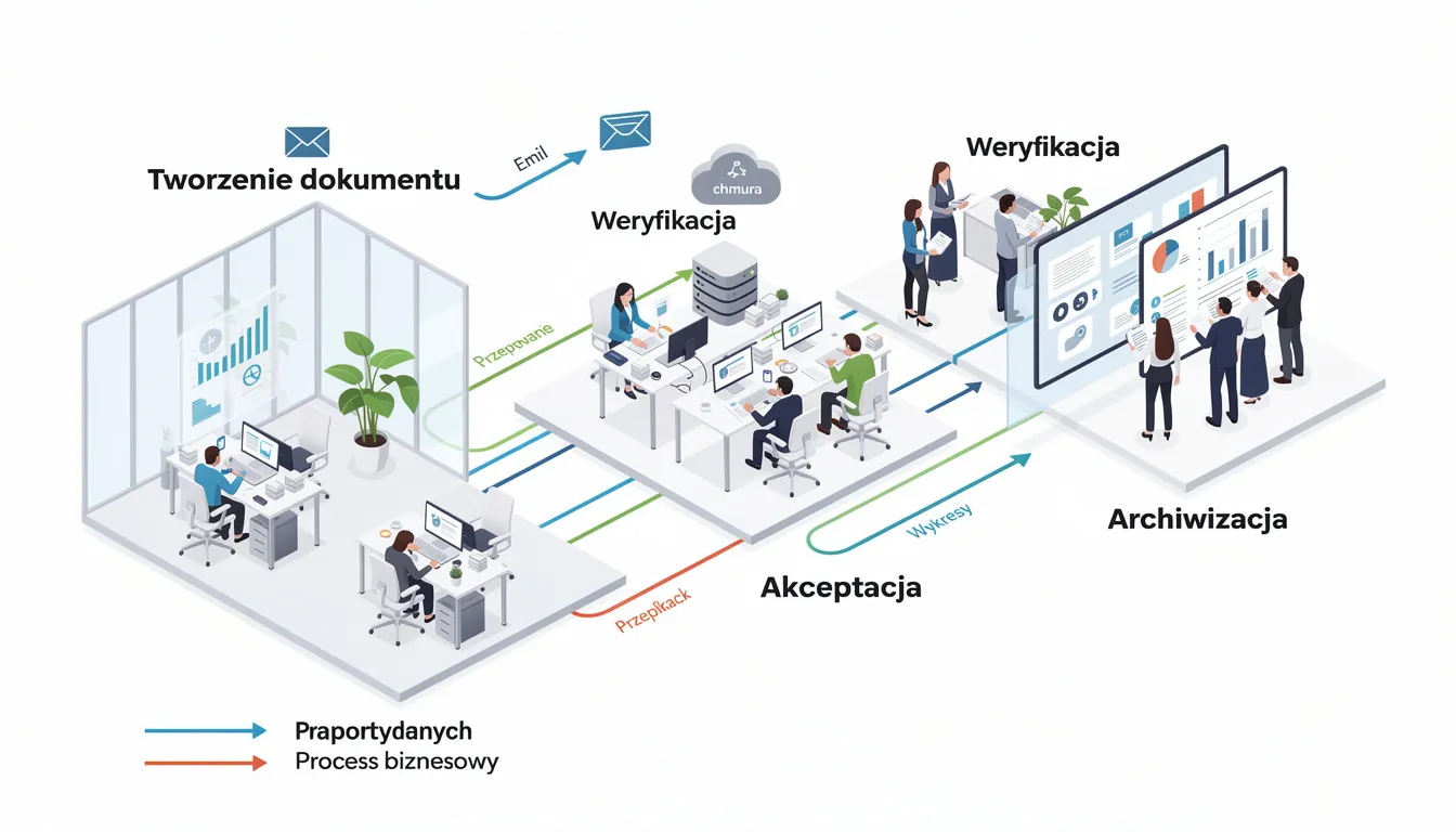 Obrazek przedstawia nowoczesne biuro, w którym zorganizowany jest przepływ dokumentów związanych z procesem biznesowym, takim jak faktoring pełny bez regresu. Widać pracowników zajmujących się weryfikacją należności oraz monitorowaniem płatności od kontrahentów, co ma na celu uregulowanie zobowiązań i minimalizację ryzyka niewypłacalności.